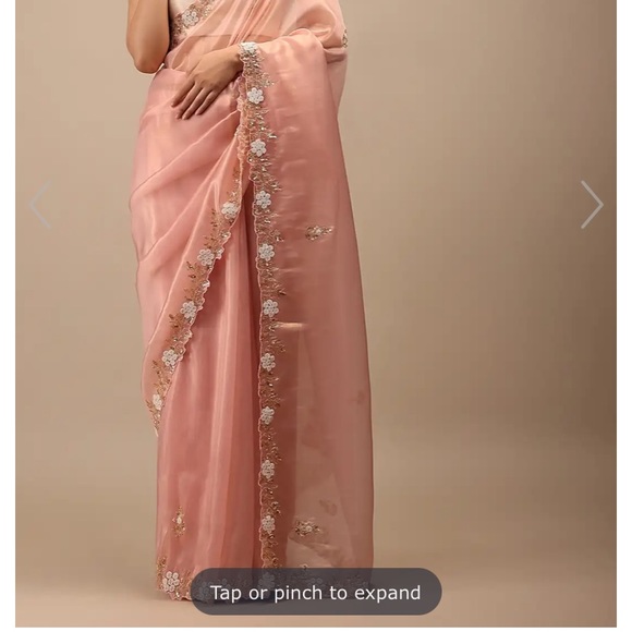 S8 KalkiBlouse-Raw Silk/Mandarin Neck/OrganzaLehariya/✋Embroidered/Beads/Sequins - Picture 5 of 5